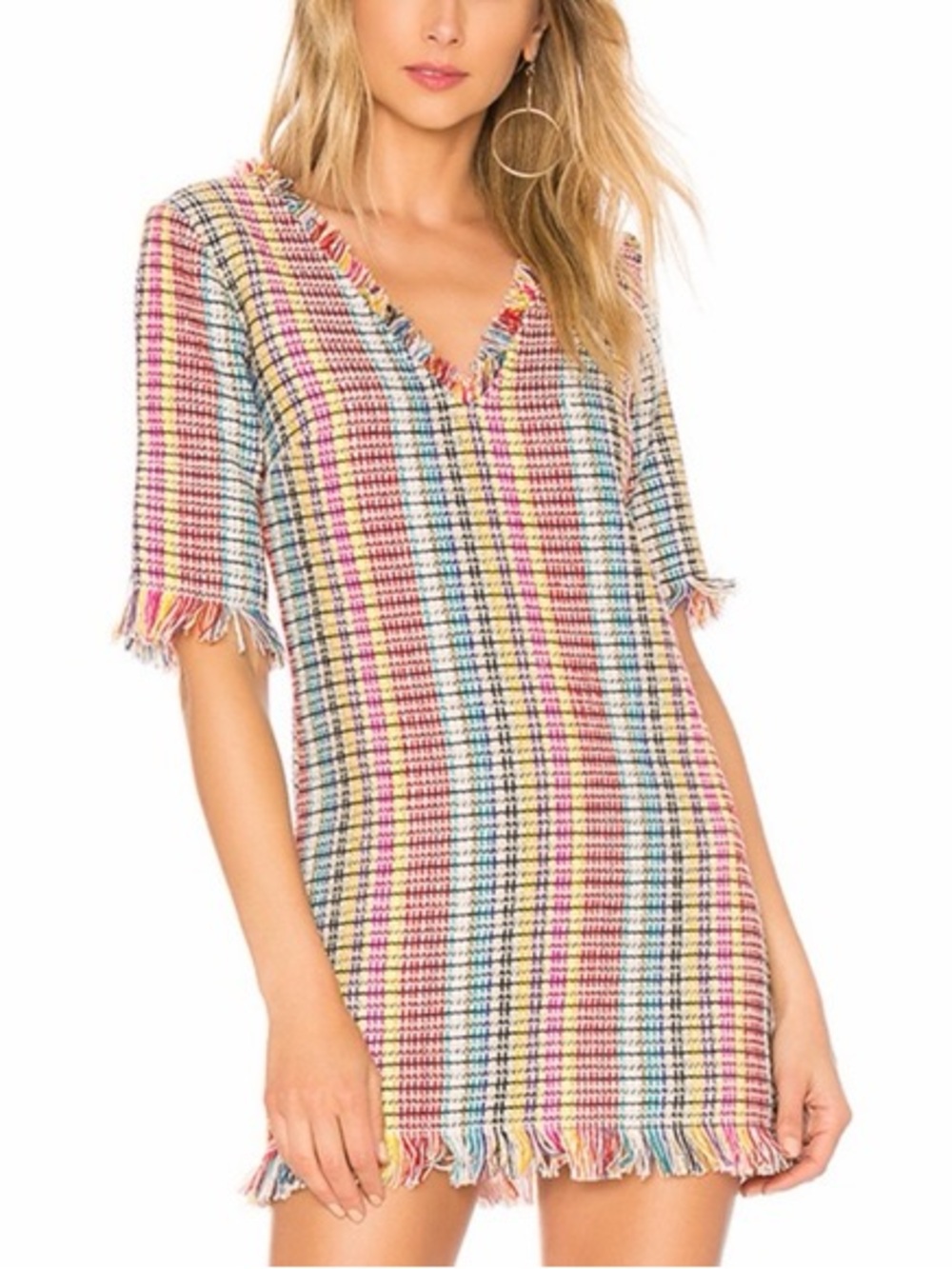 Frayed Plaid V-Neck Swim Cover-Up Dress - Multi